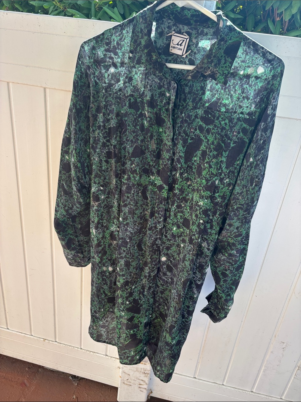 Anntian Printed Sheer Button-Up in Green & Black oversized blouse